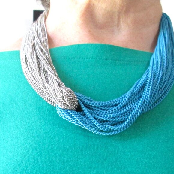 Jewelry - Stainless Steel  Silver & Turquoise Multi-Chains Necklace Collar Style 21"